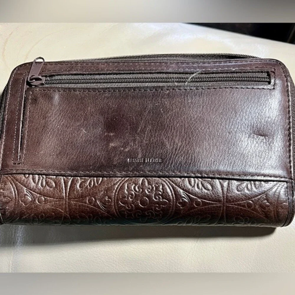 Vintage Brown Leather Wallet Hand Tooled Cut Outs Embellished Tons of slots!